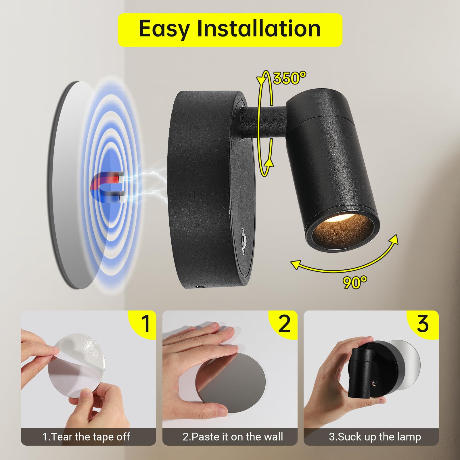 Kambo LED Lámpara de Pared Recargable 4000mAh, Aplique Foco Táctil y Control Remoto con Temporizador, Pequeños Foco Luz para Planta, Obras de Arte, Habitación, Estar, 2 Pieza