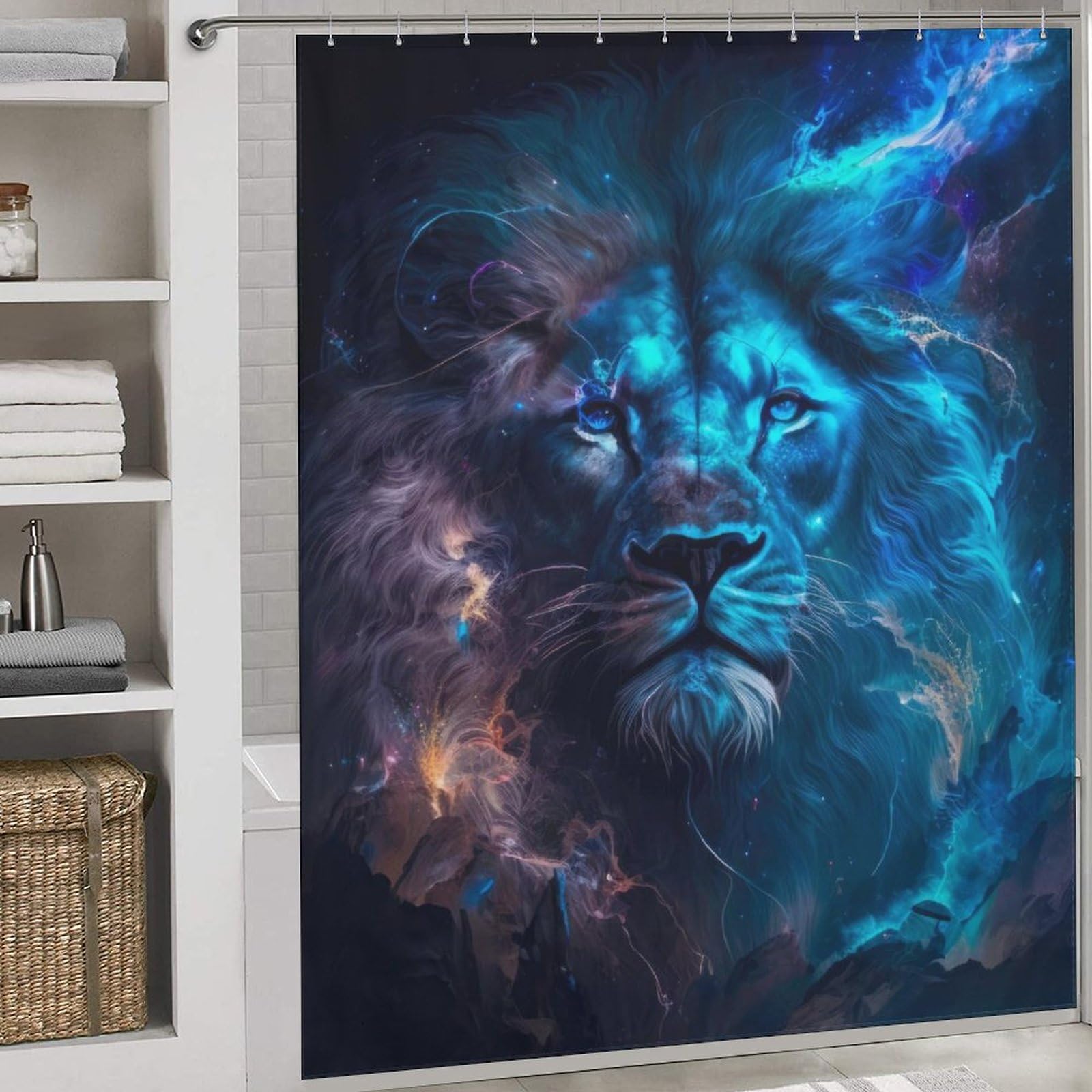 Rideau de douche lion céleste bleu lavable avec 12 crochets pour baignoire 183x183cm