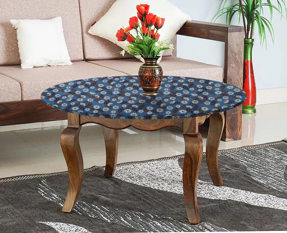 Image of The Furnishing Tree Round Elastic Fitted Center Tpoy Table Cover WxL 20x20 Inches Floral Pattern Blueish Grey