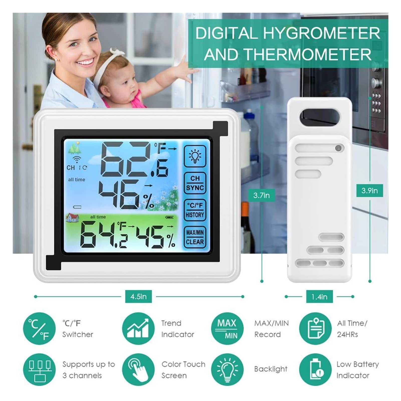 Termómetros para piscinas Monitor de temperatura de humedad exterior inalámbrica de higrómetro digital de higrómetro interior con 1 sensores para piscinas interiores y exteriores, spas y jacuzzis