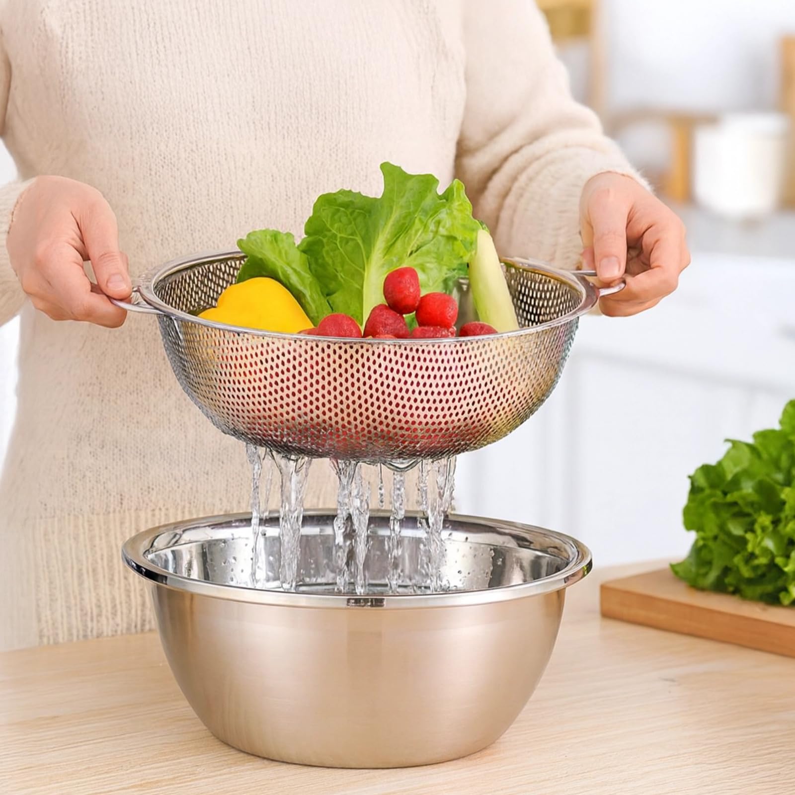 3-teiliges Edelstahl-Siebset, feines Mesh-Sieb für Pasta, Gemüse, Obst und Reis, stapelbare Metallschüsseln mit stabilem Standfuß, platzsparend, für schnelles Abgießen und Waschen