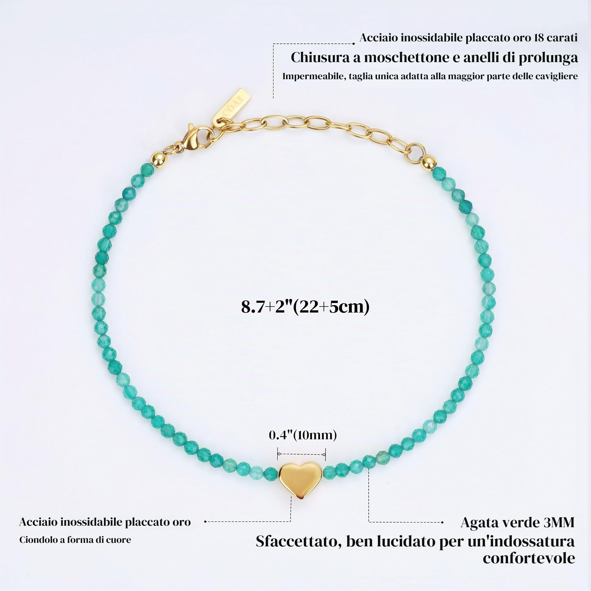 COAI Cavigliera da Donna Fine in Cristalli Naturali, Cavigliera di Perline di Pietre Naturali con Charm Cuore e Chiusura Regolabile - Corniola Rossa e Agata Verde