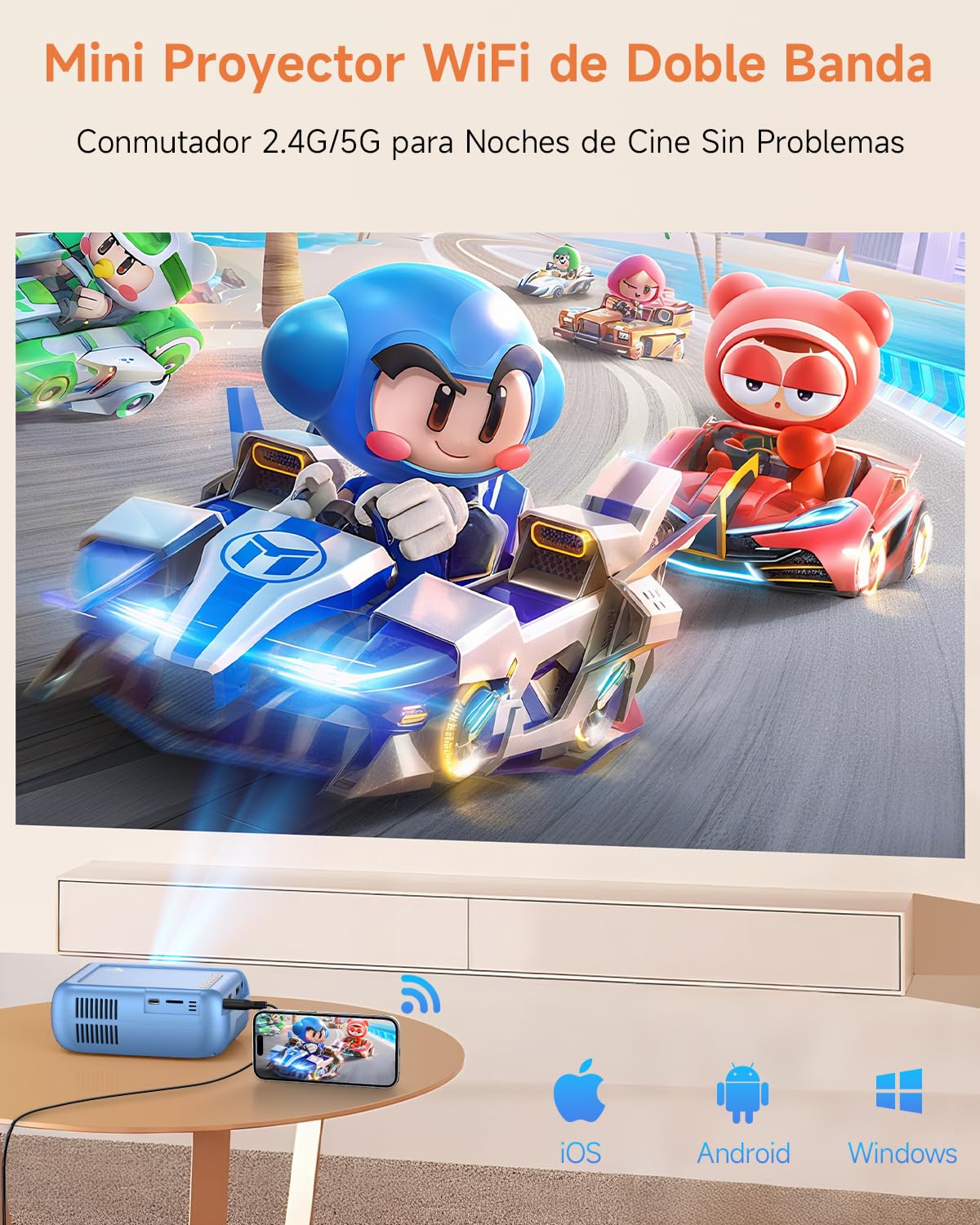Mini Proyector Portátil, Portátil Proyector con WiFi y Bluetooth para Dormitorio, 4K 1080P Support de Cine para Exteriores/Teléfono/HDMI/USB/TV Stick