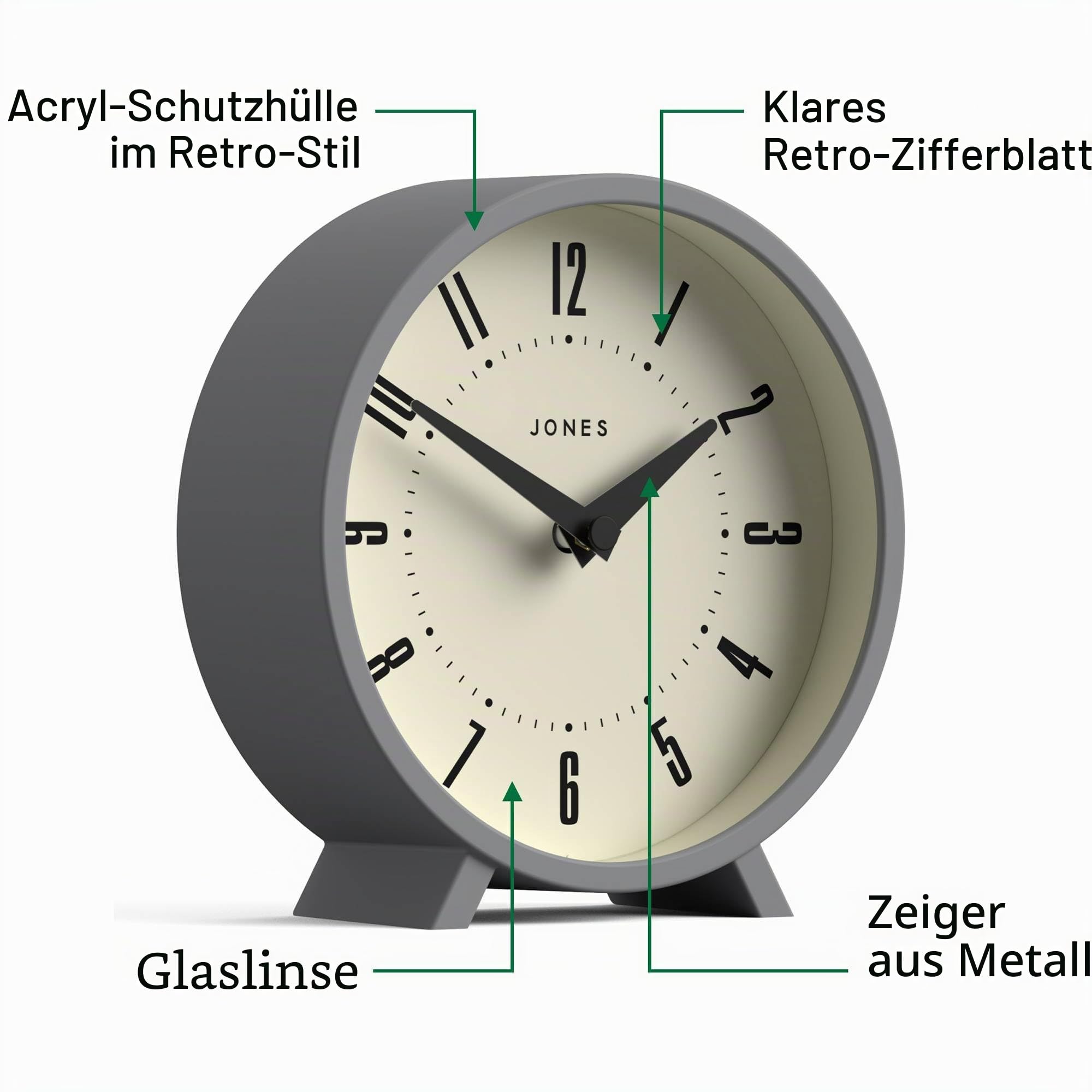 JONES CLOCKS® Venus Schreibtischuhr | Modernes runddesign | Grau | Stilvoller Retro-Look für Regal, Tisch, kaminsims oder nachttisch