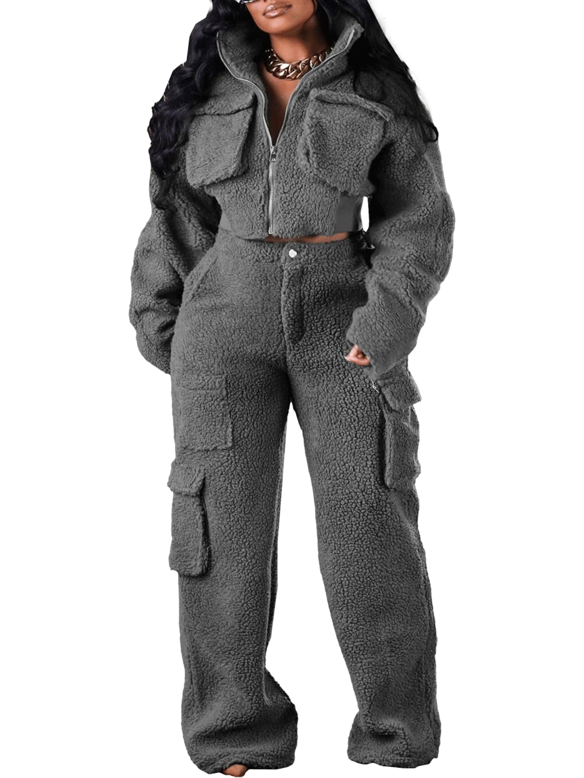 KANSOON Sweat Set for Women 2 Piece Sherpa Fur Fuzzy Fleece Long Sleeve Zip Crop Jacket Cargo Pants Pockets Tracksuit Outfit