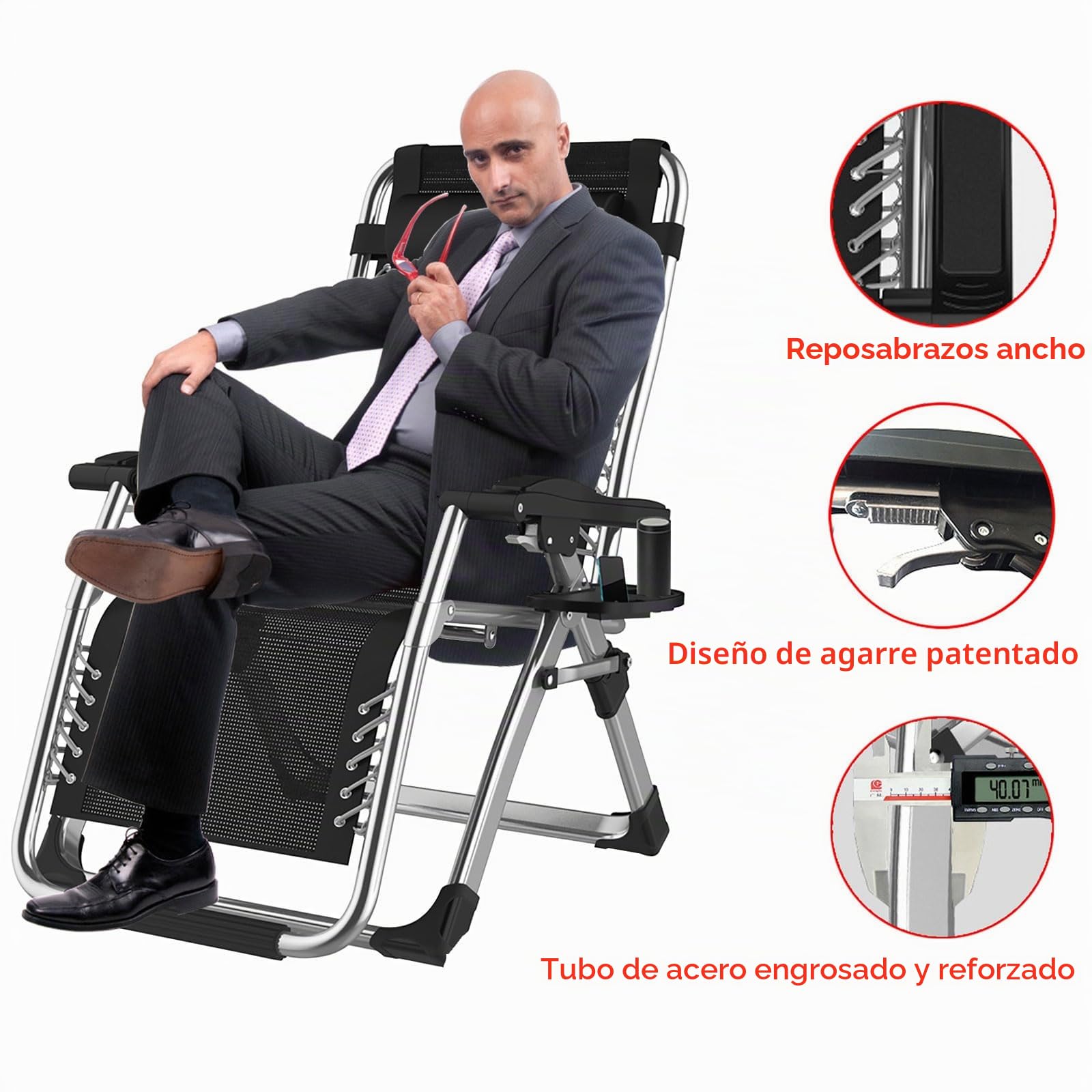 Tumbona Plegable Reclinable para Jardín y Playa, Tumbonas de Exterior con Respaldo Ajustable, Silla Gravedad Cero Acolchada para Camping y Piscina, Sun Lounger y de Terraza Exterior (Plateada, 83cm)
