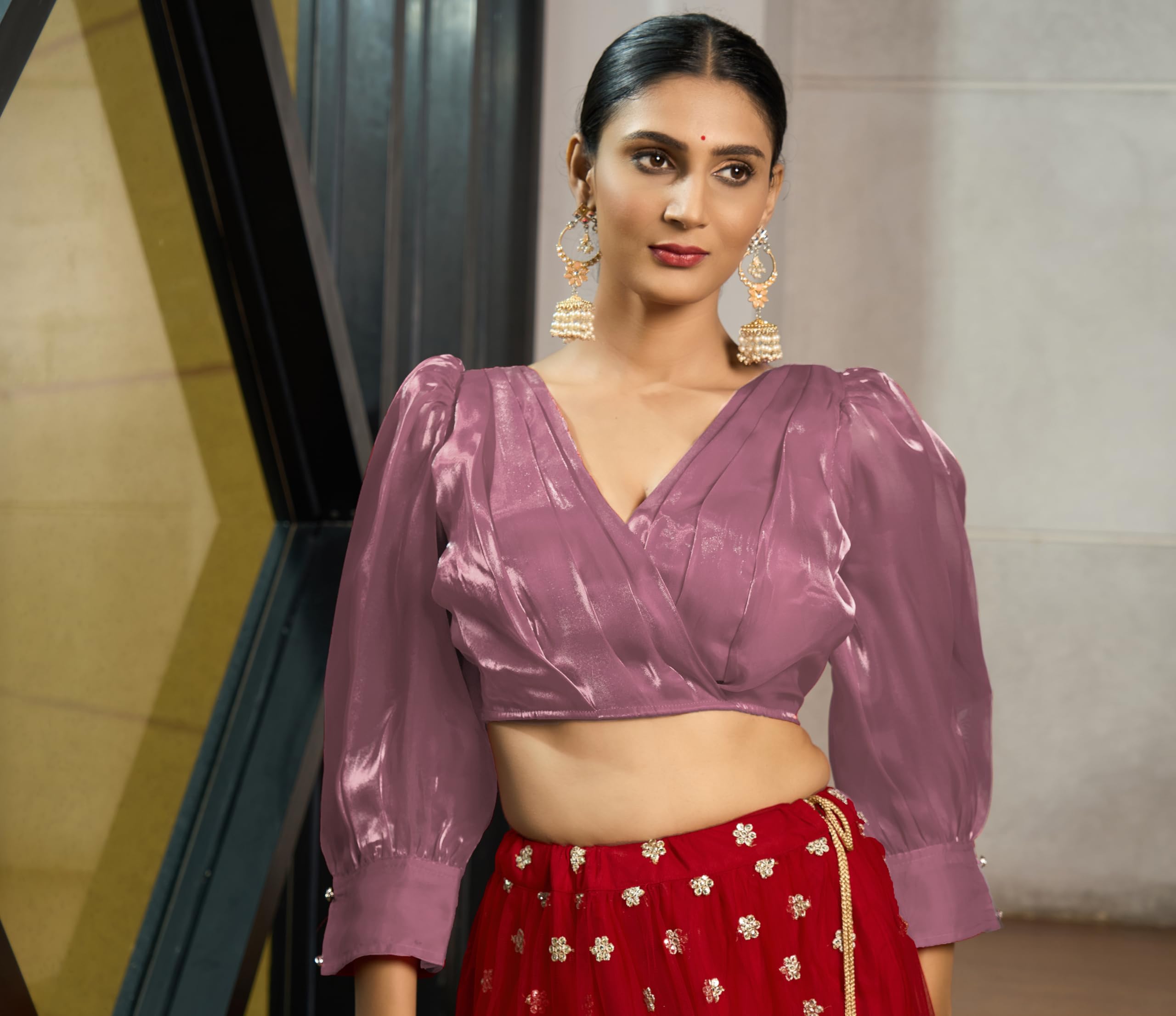 Pujia Mills Women's Rafale Silk Full Balloon Sleeve V Neck Blouse(Gangu) (Peach, 32)