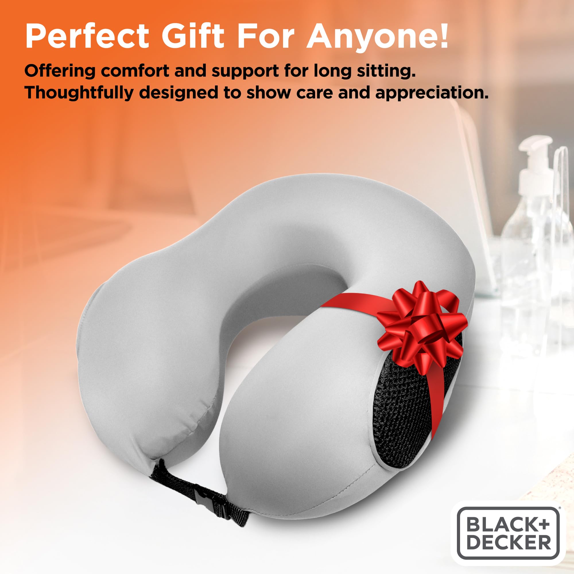 BLACK+DECKER Reise-Nackenkissen aus Memory-Schaum, Reisekissen für Flugzeug, Auto und Zug, Kühlstoff, Eisseide, ergonomisches Design, Nackenstütze, waschbarer Bezug, Grau