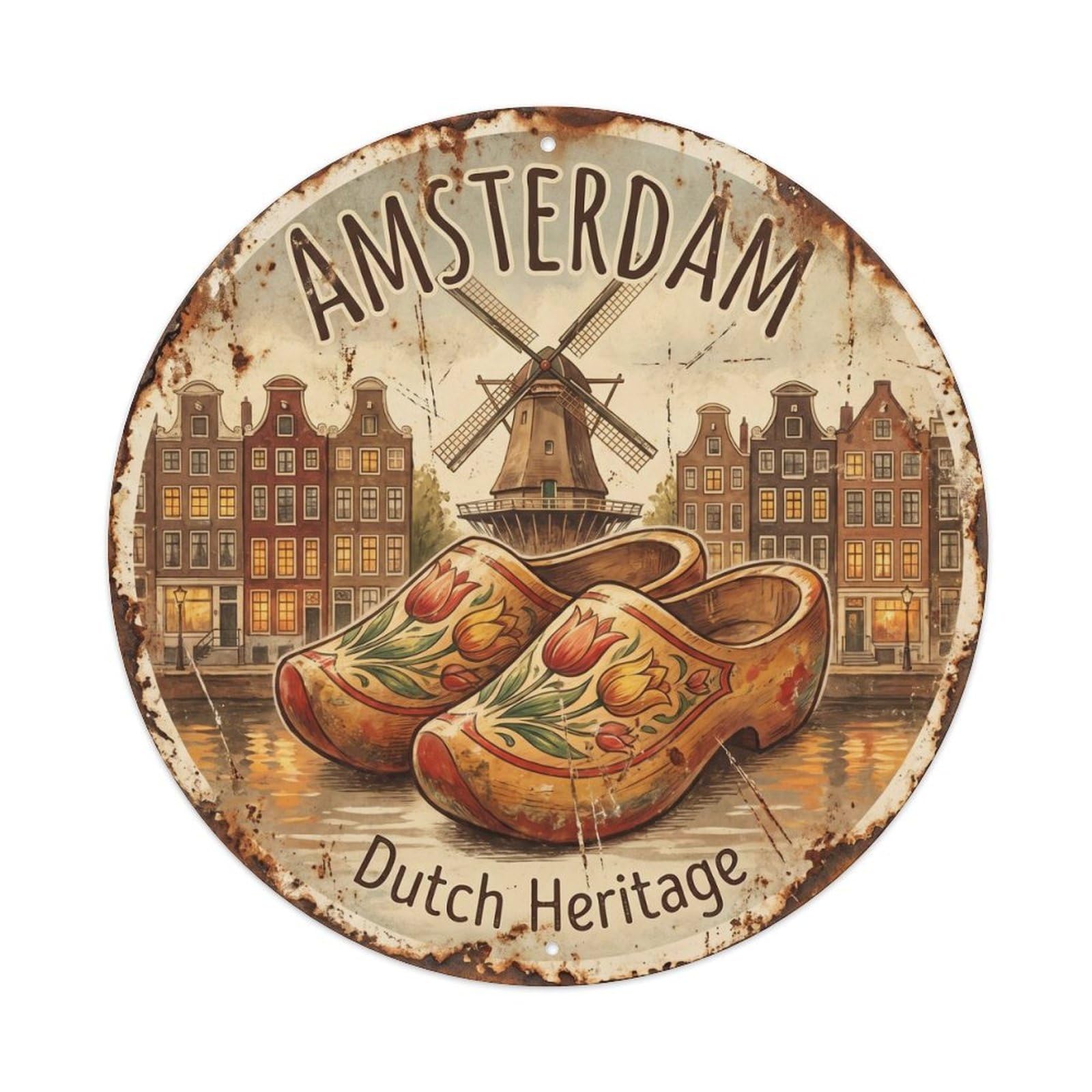 Vintage Travel Amsterdam Wooden Clogs Metal Tin Sign Plaque