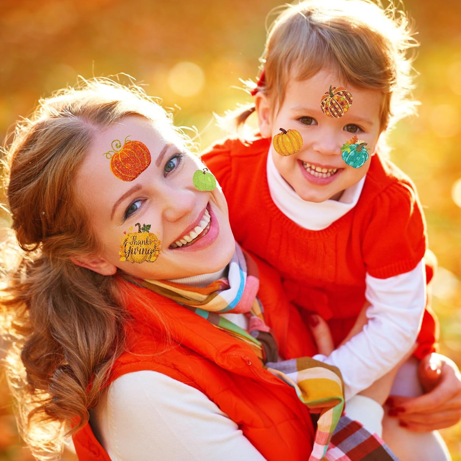 HOWAF 96pcs Glitter Fall Pumpkin Temporary Tattoos Autumn Harvest Tattoos Stickers for Girls Boys Decor, Glittery Thanksgiving Pumpkin Fake Tattoo Pumpkins Face Tattoo for Fall Gift Bags Fillers
