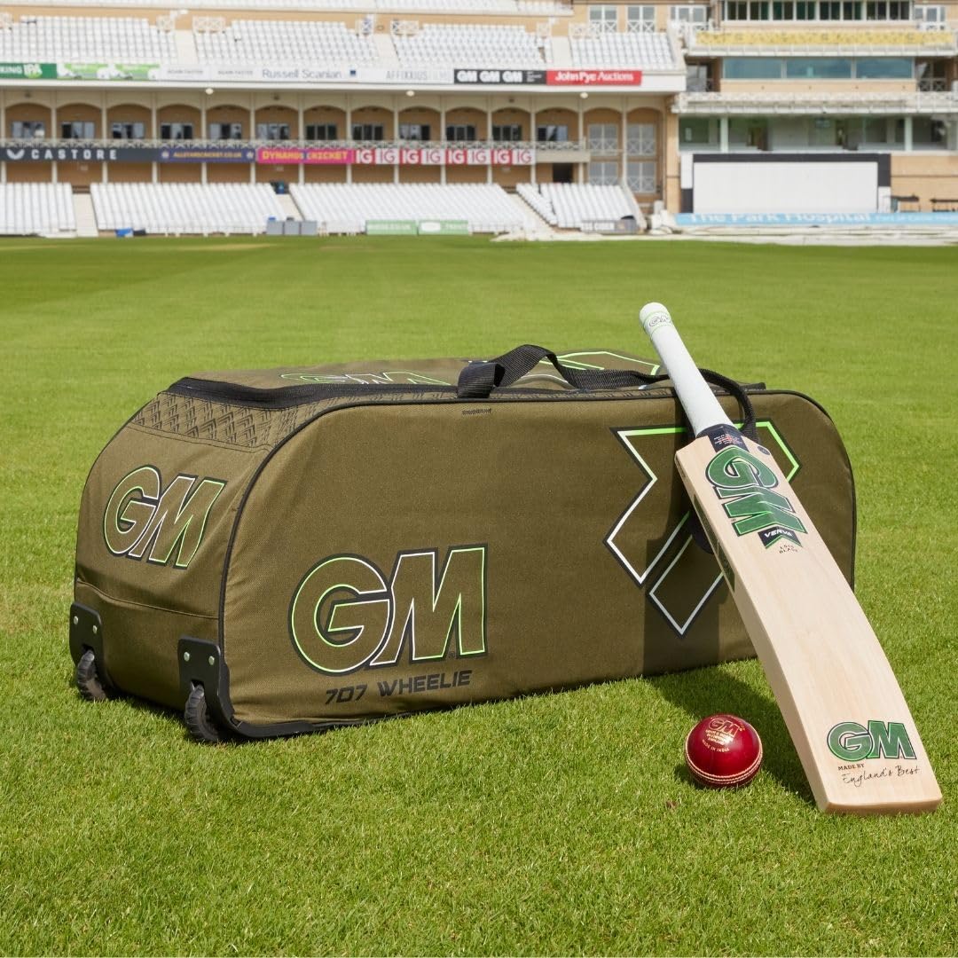 Gunn & Moore GM Cricket-Tasche für 707 Wheelie, All-Terrain-Räder, gepolsterte Griffe, Volumen: 92 l, Robustes 600-Denier-Polyester, Khaki-Grün
