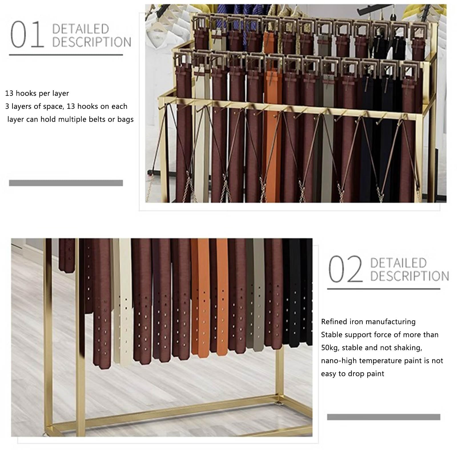 Percha de cinturón de doble cara montada en el suelo y soporte de exhibición de bufandas, organizador de corbatas de metal para chales y bolsos, estante de armario minorista que ahorra espacio