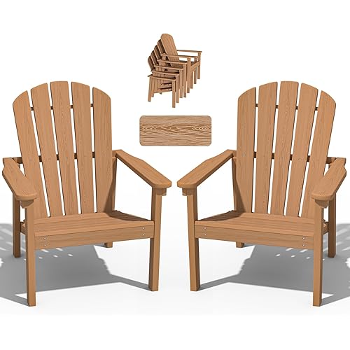 nevilywood Compact Stackable Adirondack Chairs Set of 2, 26.3" Wide HDPE Outdoor Patio Chairs - Durable, Space-Saving Design for Porch, Lawn or Garden, Teak