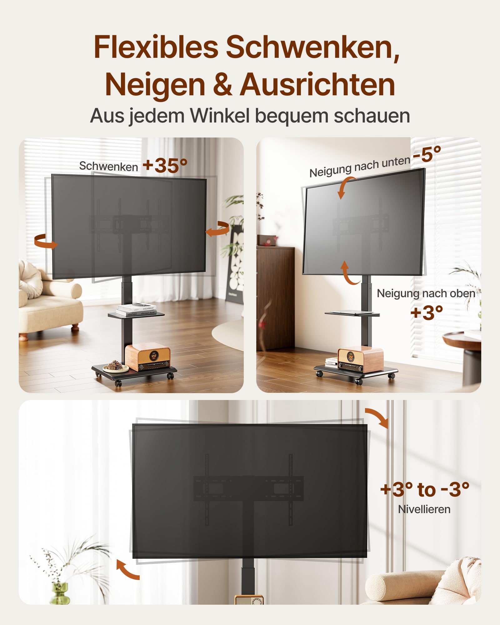 TV Ständer Rollbar mit Steckdose, 37"-75", 50kg, Max VESA 600x400 | TV Standfüße mit Versteckter Kabelverwaltung, Höhenverstellbar, Schwenkbar, Neigbar, ±3° Niveau, Einfache Montage, Schwarz