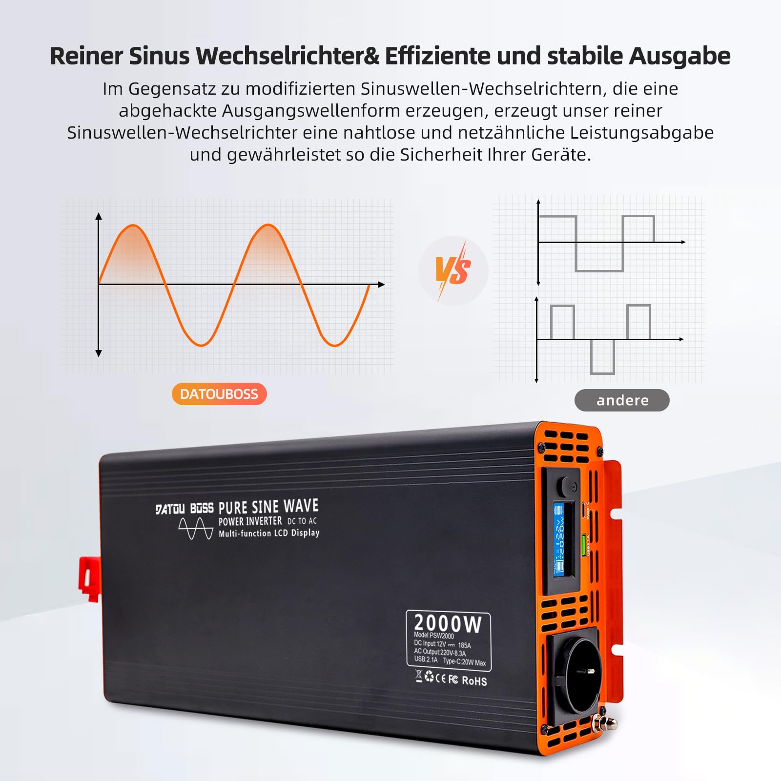 DATOUBOSS Inverter 12V 220V Onda Pura 2000W (4000W Picco) con Telecomando Wireless e Display LCD – Convertitore per Camper, Campeggio, Auto, Barche, Laptop e Frigorifero