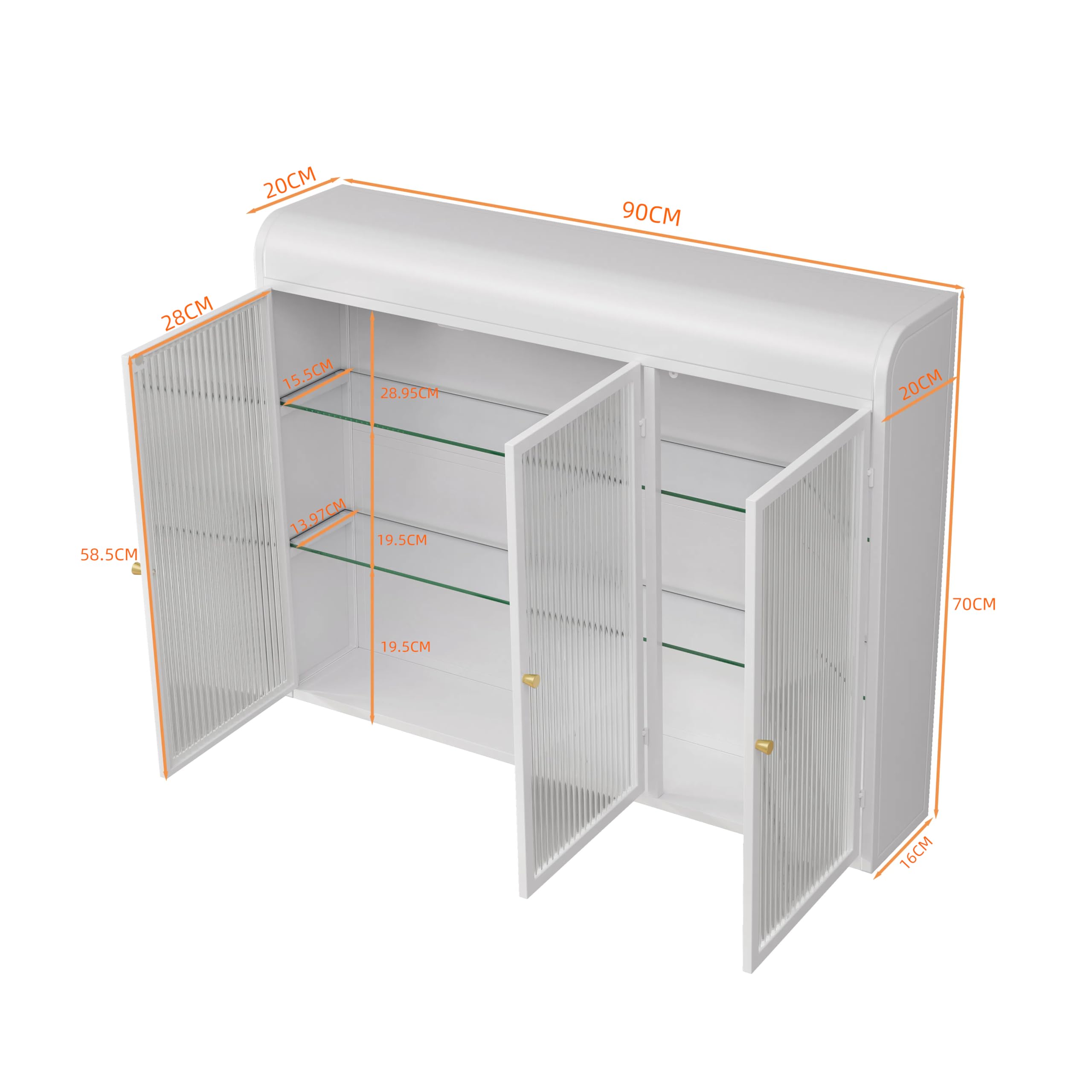 Cabinet in vetro a 3 porte, con montaggio a parete, per la casa e il bagno (bianco)