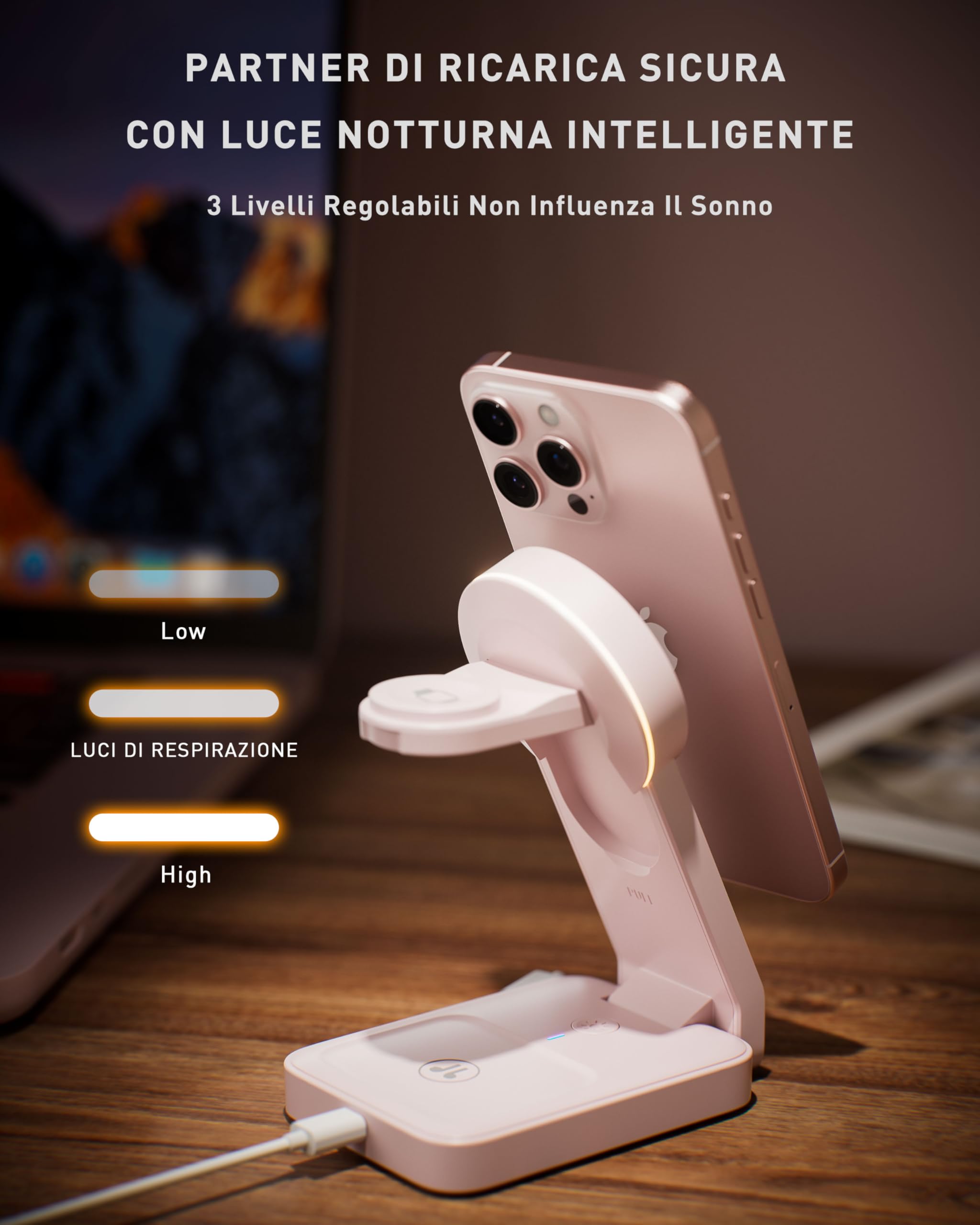 Tigratigro Caricatore Wireless per iPhone con Mag-Safe, 3 in 1 Ricarica Rapida Stazione Magnetica Pieghevole portatile Charger per iPhone 12/13/14/15/16, AirPods 2/3/4/Pro, Watch - Rosa