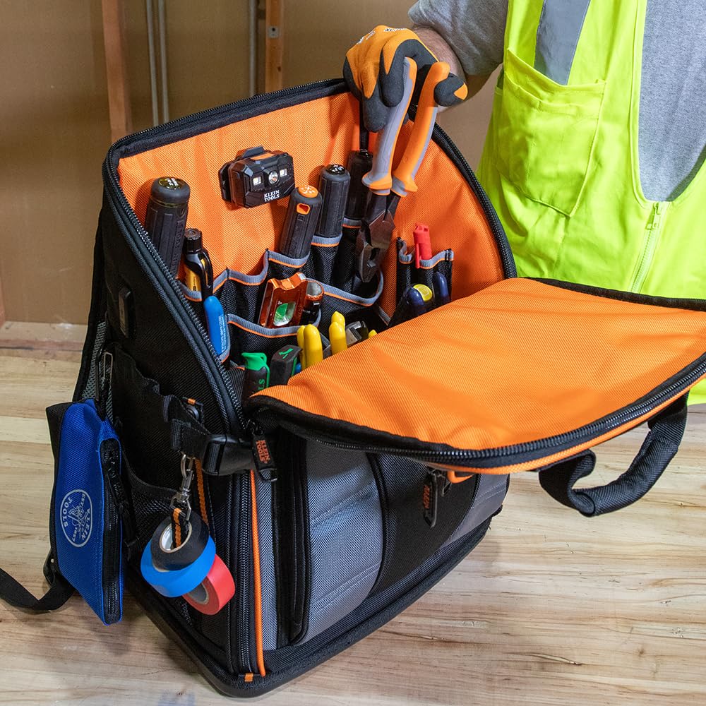 Klein Tools 62482 Sac à dos à outils, organiseur robuste avec 27 poches, grand intérieur, fond moulé, sac à outils d'électricien