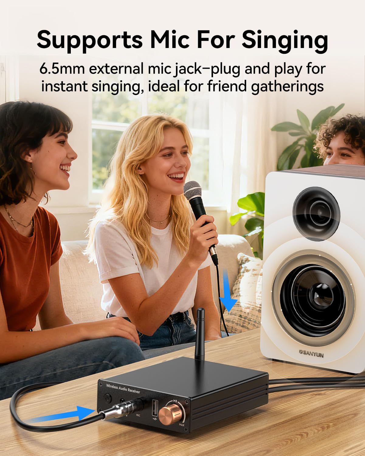 Receptor Bluetooth 6.0, inalámbrico Bluetooth de largo alcance, baja latencia para sistemas estéreo de transmisión de audio en casa, música, con AUX de 3.5 mm/RCA, reproducción de unidad flash USB y