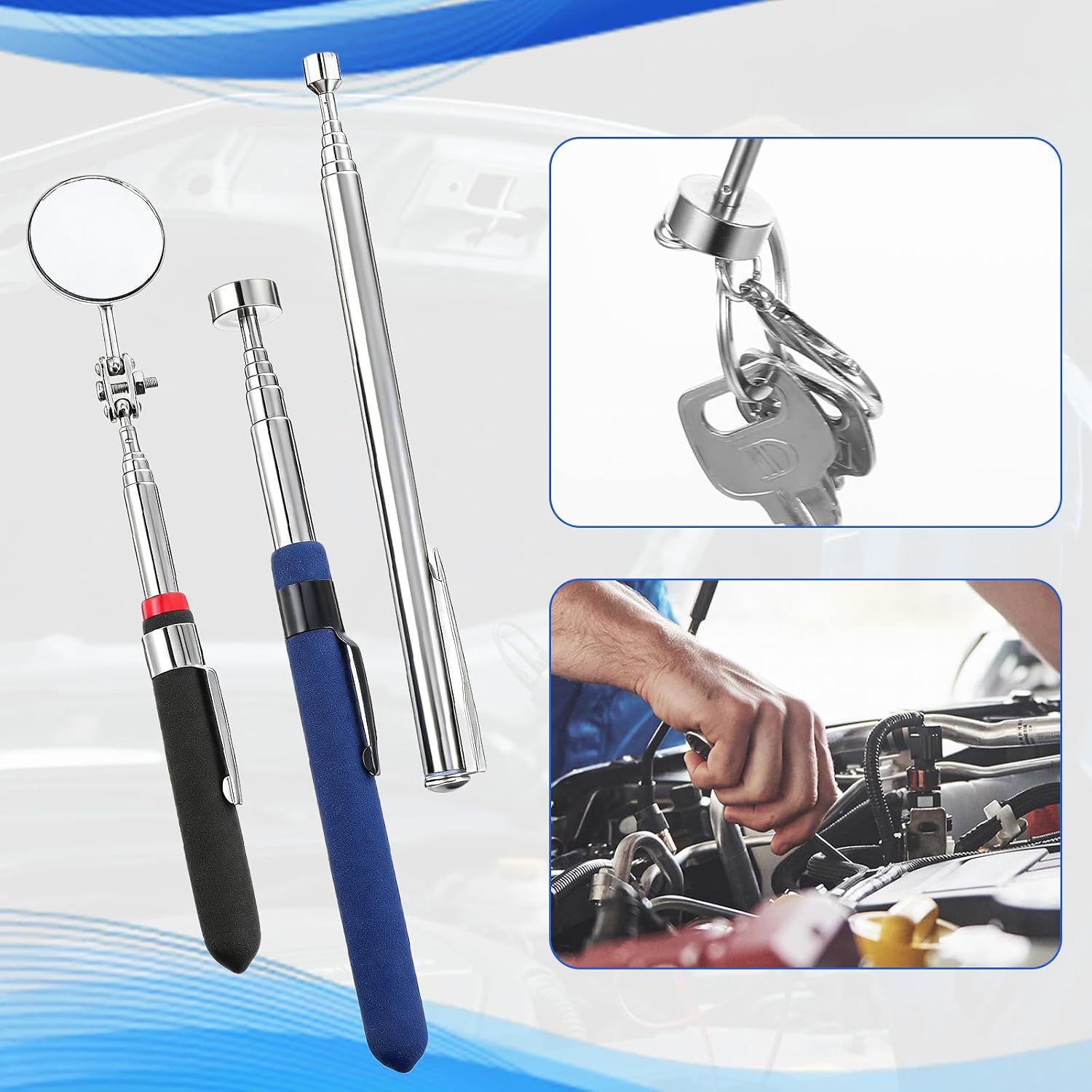 3 PCS Telescoping Magnet Pickup Tool Kit Includes Telescoping Inspection Mirror 2PC Non-Slip Long Extendable Pick Up Grab Tool Reaching Hard-to-Reach Areas for Auto Repair Mechanics Car