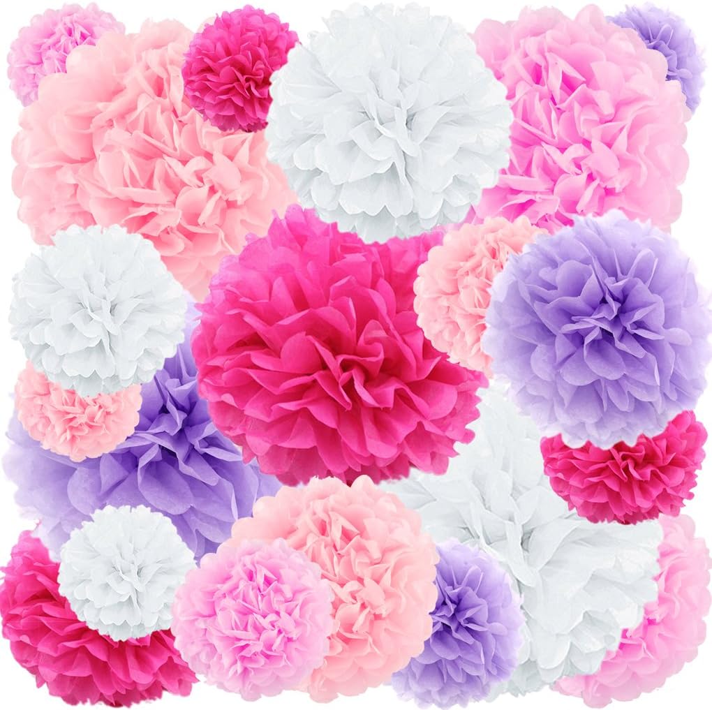 Pink Tissue Paper Flowers Pom Poms Set - 20pc Assorted Sizes for Wedding Birthday Baby Shower Party Decorations - Light Pink, Purple, Rose, White Backdrop Decor Kit