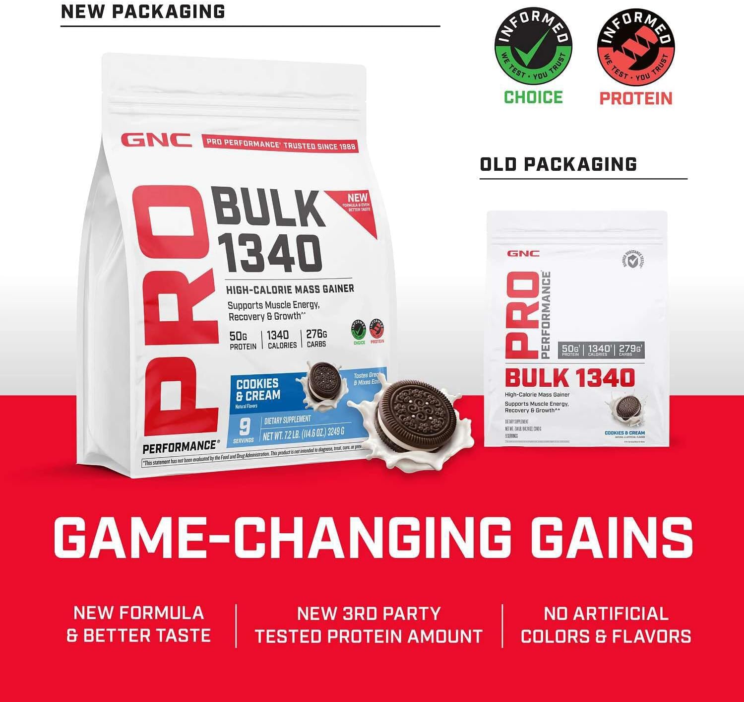 GNC Pro Performance Bulk 1340 - Protein Powder for Active Lifestyles - Sports Nutrition for Muscle Fuel - Nutrient-Dense Blend with Creatine & Glutamine - Cookies & Cream - 114.24 Oz (9 Servings)
