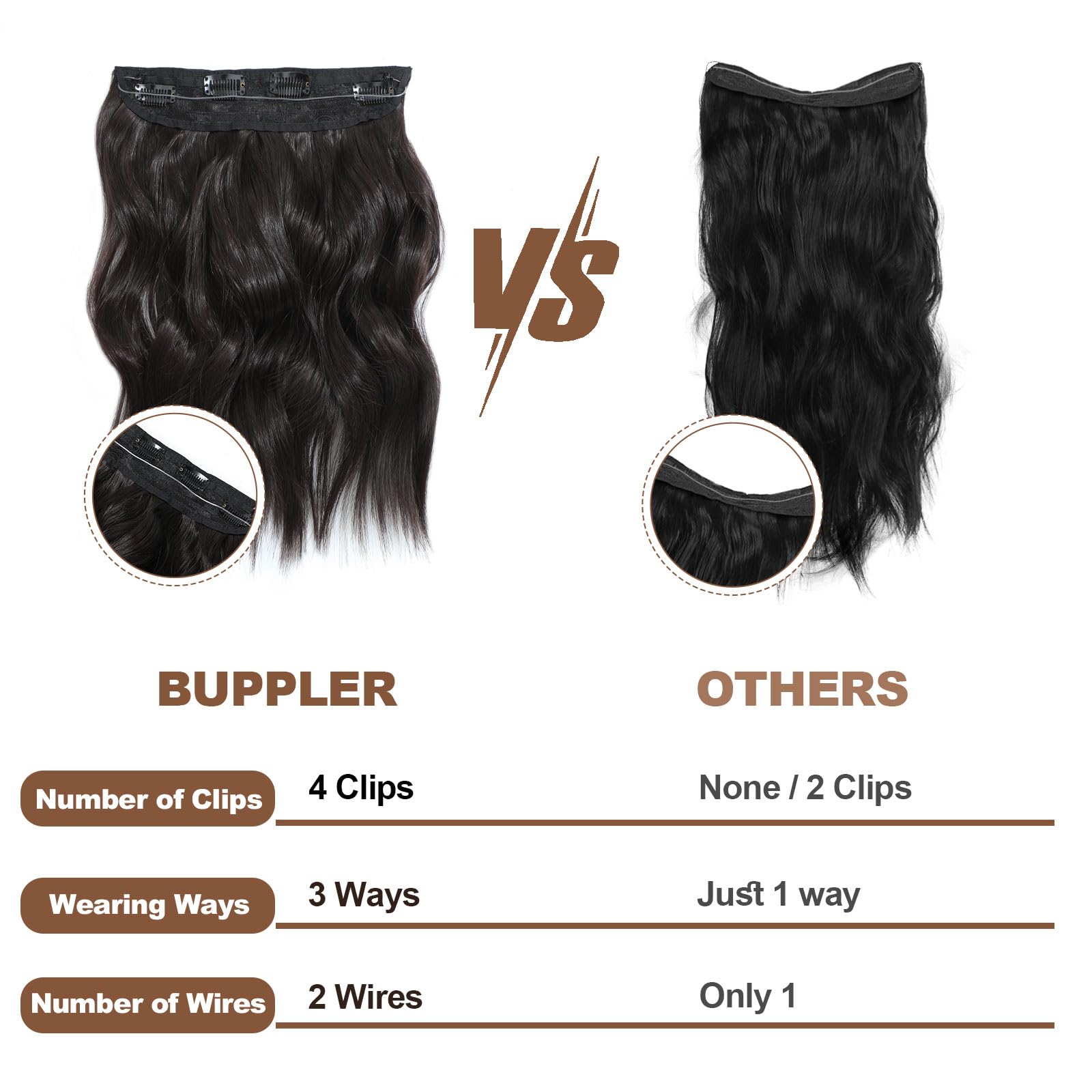 Haarverlängerung 40,6 cm Invisible Secret Hair Extensions Verstellbare Lange Gewellte Haarextension Synthetisches Upgrade 4 Sichere Clips in Haarteilen,Schwarzbraun
