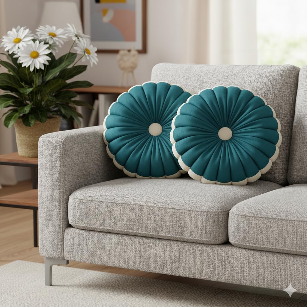 Round Decorative Cushion Pillow Covers, Teal with Cream Trim, 16x16 Inches, Set of 2, Pleated Flower Design for Sofa Chair Bedroom-image-45