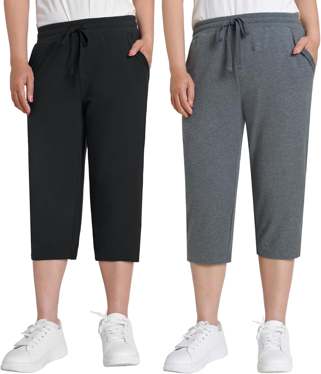 Weintee Women's Petite Cotton Capri Pants with Pockets 2 Pack