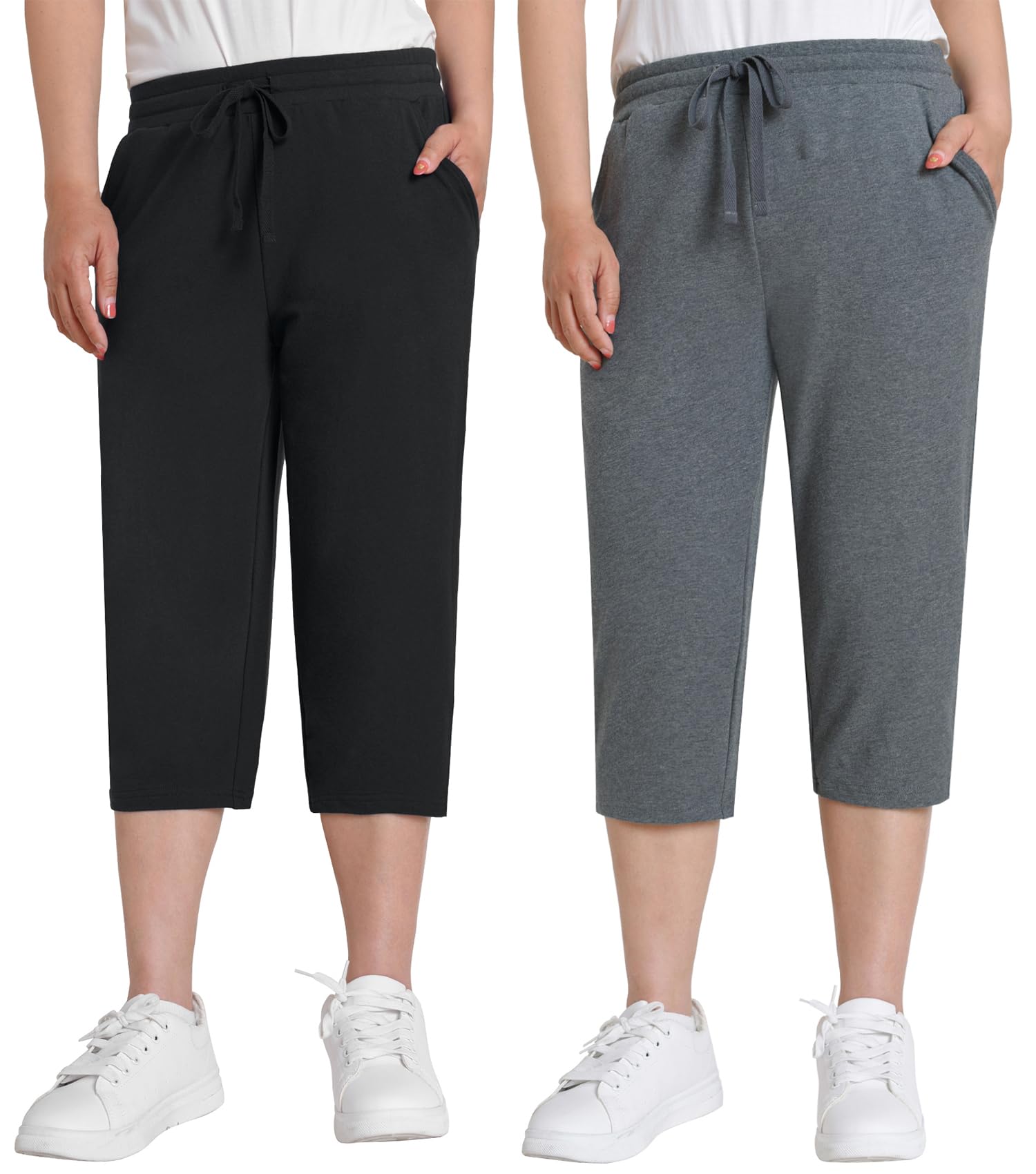Weintee Womens Petite Cotton Capri Pants with Pockets 2 Pack