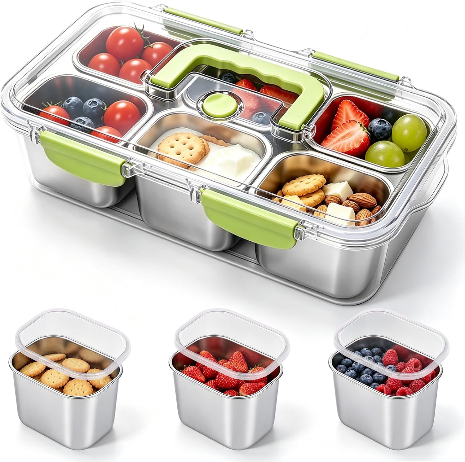 Snackle Box Container, Stainless Steel Snack Box with Lids and Handle