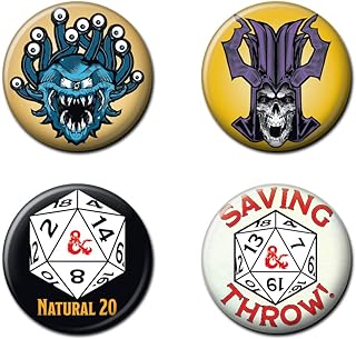 Ata-Boy Dungeons & Dragons Beholder Lich King Nat 20 Saving Throw Set of Four 1.25 Inch Collectible Buttons