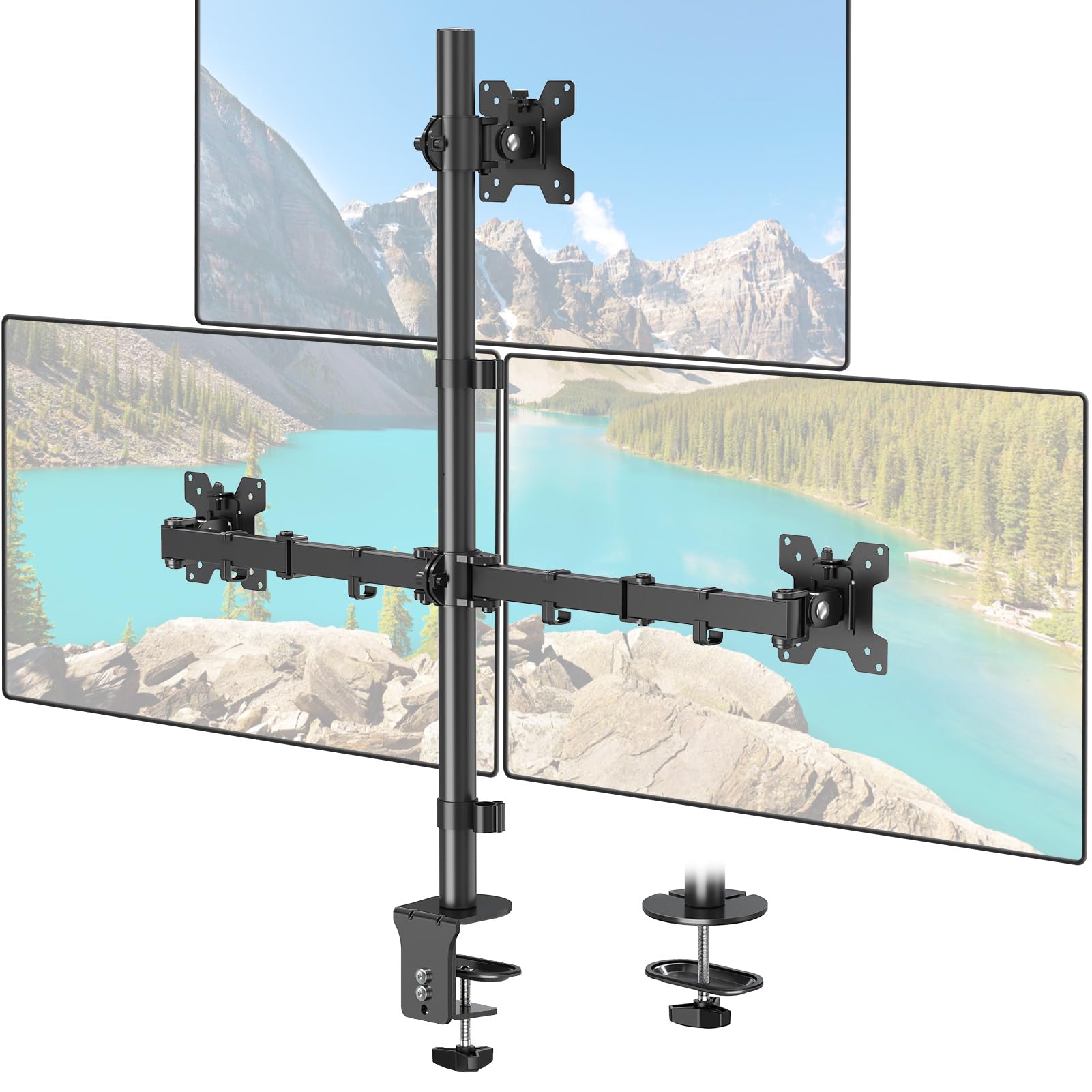 ELIVED Supporto per monitor 3 monitor per schermi da 17 a 32 pollici, braccio a tre monitor, altezza regolabile, asta alta 80 cm, max. 8 kg per braccio, VESA 75/100 mm, EV4013