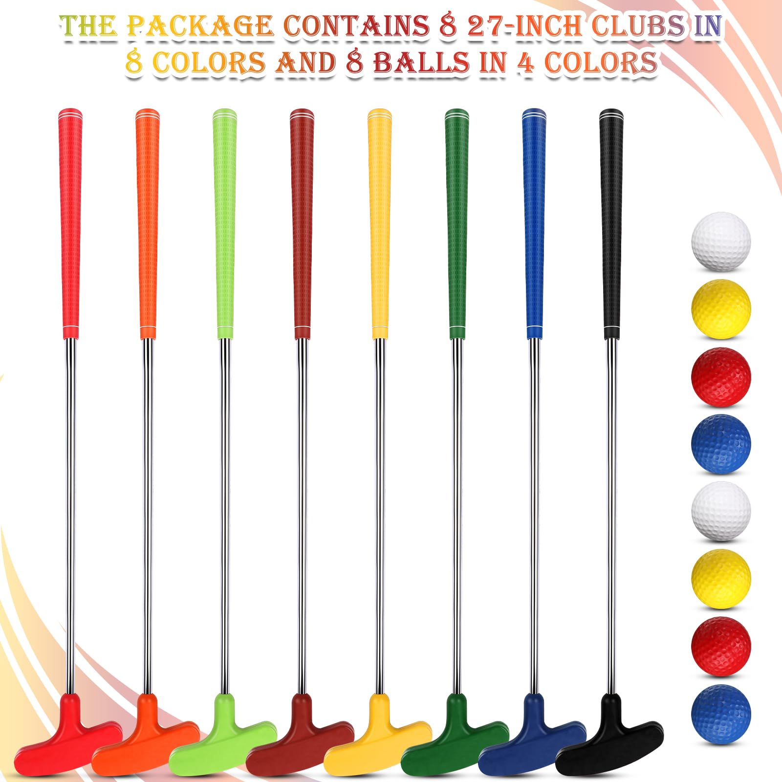 Hiboom 8 Pack Junior Golf Putter Bulk Putter for Left and Right Handed Golfers with 8 Practice Golf Balls for Ages 9-12 13-15 Teenagers Adult (27 Inch)