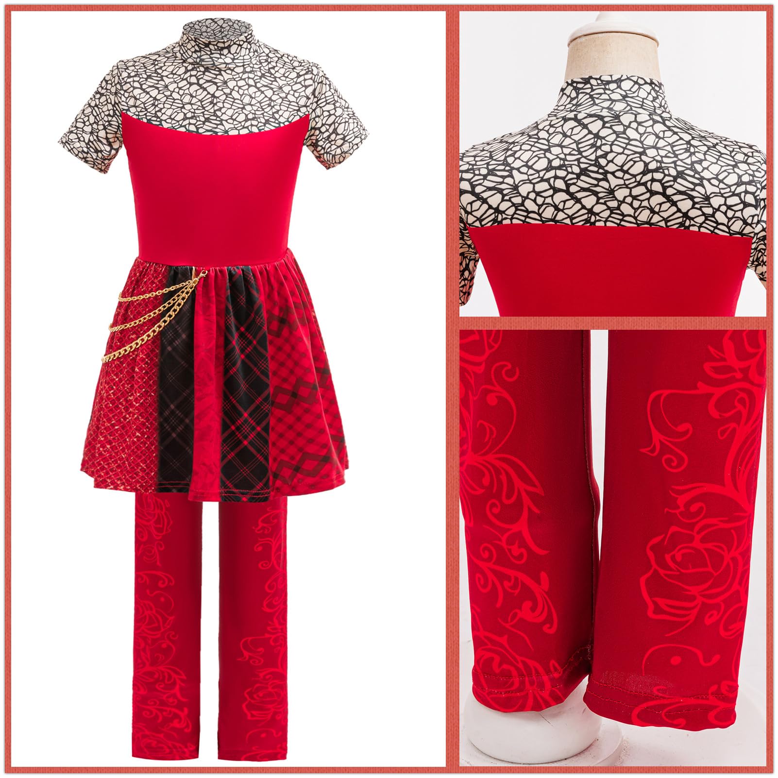 Niña Red Disfraz Cosplay Wonderland Red Estampado 4 Piezas Set Chaqueta‌ Vestido Pantalones Cadena para Carnaval Halloween Fiesta Mascarada Juego de rol Disfraz Rojo 100-150