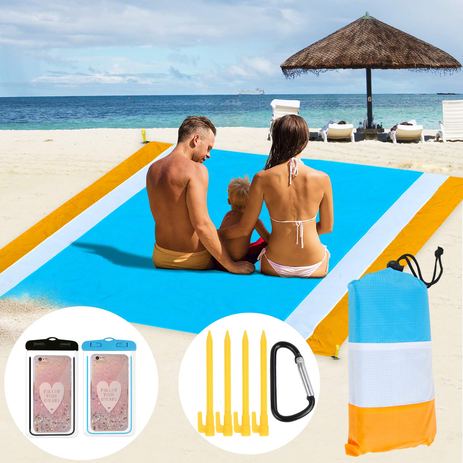 VOCOOL Sand Free Beach Blanket for Outdoor 4-7 Adults Picnic Quick Drying Mat for Travel, Camping, Hiking Portable and Oversized 78" by 82"