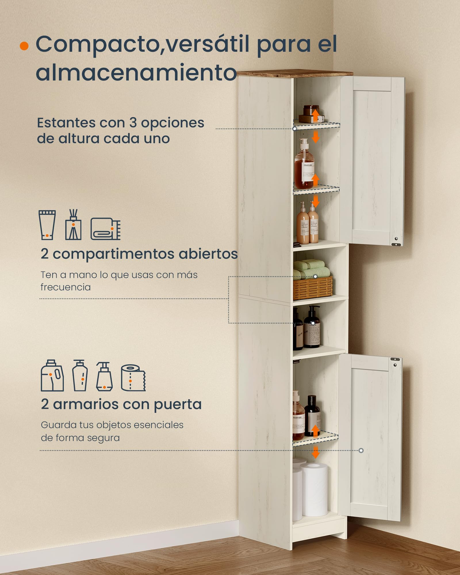SONGMICS Home Mueble de Baño Estrecho, Montaje Súper Rápido Sin Herramientas Toolless, Mueble Compacto con estantes Ajustables para salón o recibidor, 30 x 30 x 170 cm, Blanco Rústico BBC667WJ01