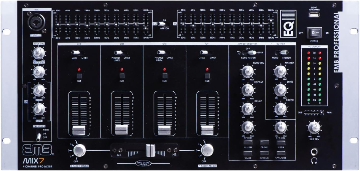 EMB MIX7 19" Rack Mount 4 Channel Professional Mixer w/Adjustable cross faders and more