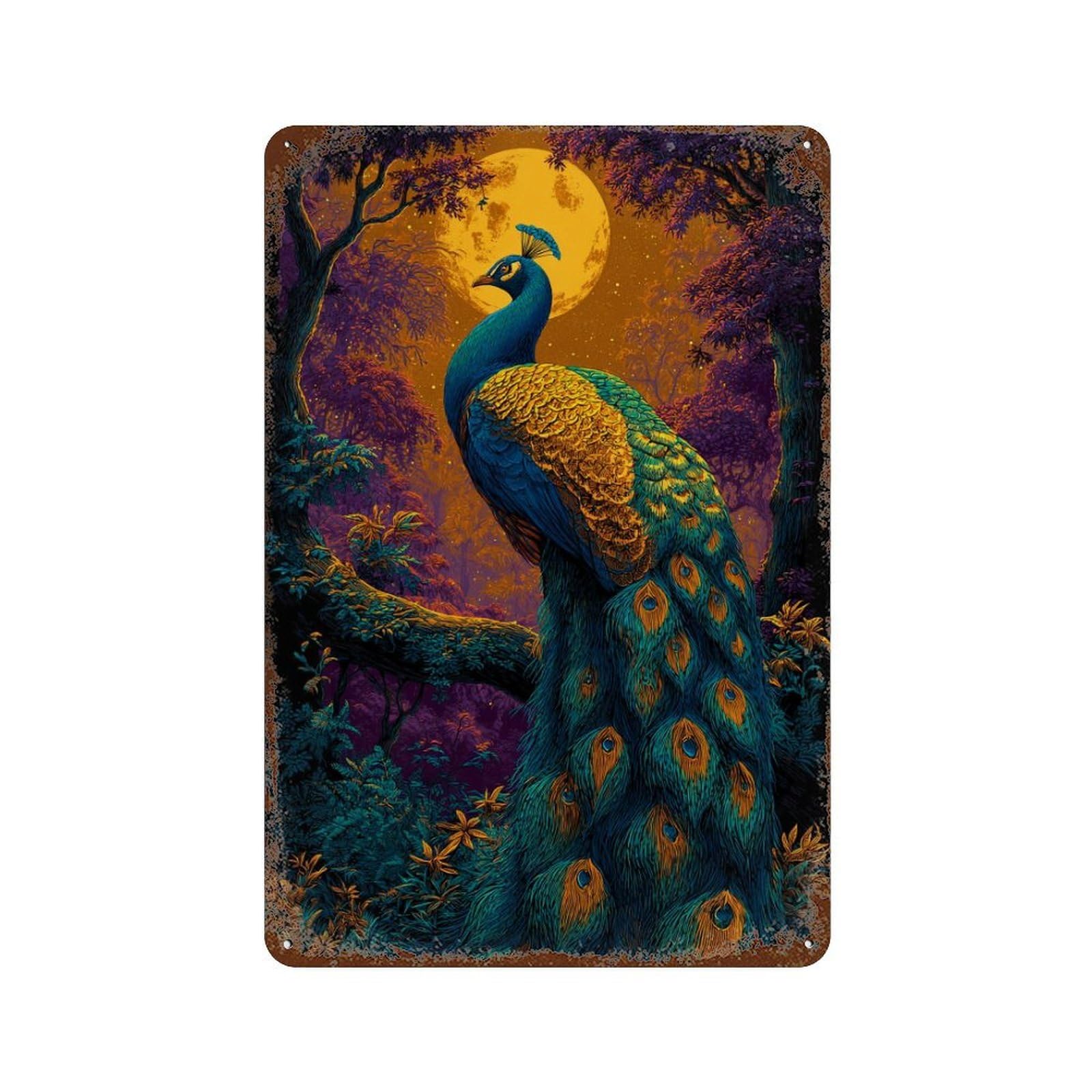 Rusty Metal Tin Sign Moonlit Peacock Forest 11.8"x7.9", Rustic Home Decor for Shed, Workshop And Garage Wall Decor