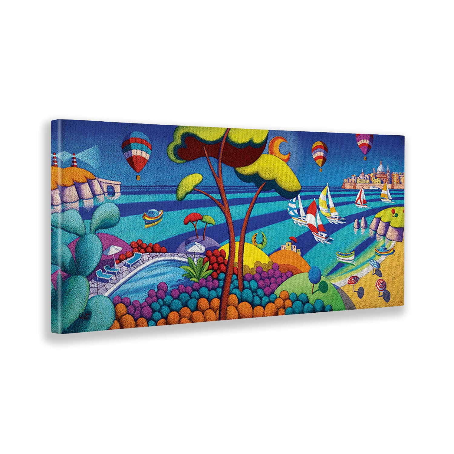 Giallobus - Quadro - Stefano Calisti - Mare d'estate con barche - Tela canvas - 140x60 - Pronto da appendere - Quadri moderni per la casa