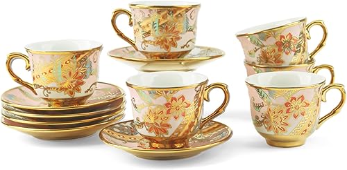 Juego de 6 tazas de té y platillos, juego de té floral vintage de porcelana para expreso, café, moca, capuchino, fiesta de té de la tarde para