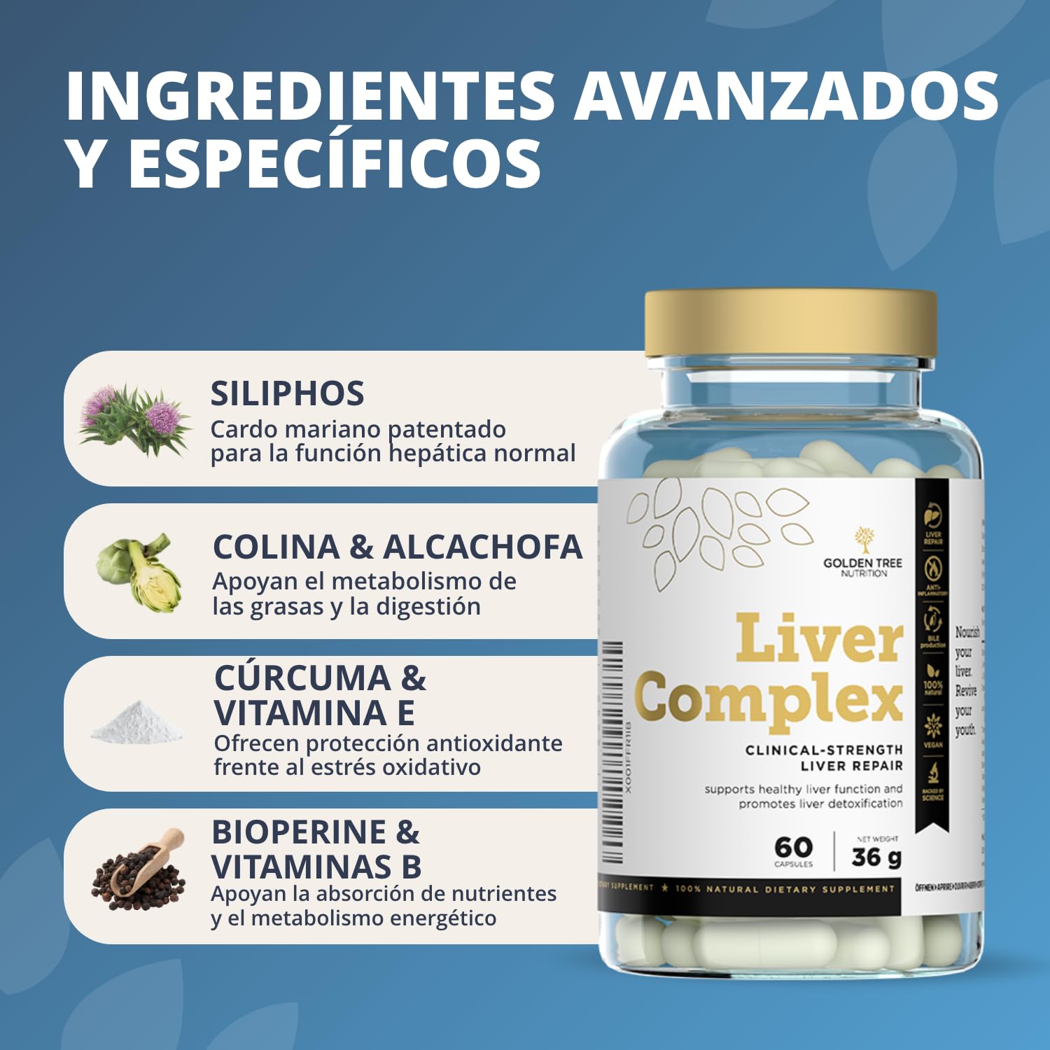 Golden Tree Liver Complex - Cardo Mariano Capsulas, 60 piezas | Con Diente de León, Alcachofa, Cúrcuma, Colina, Vitaminas B6 B12 D3 E y Pimienta Negra