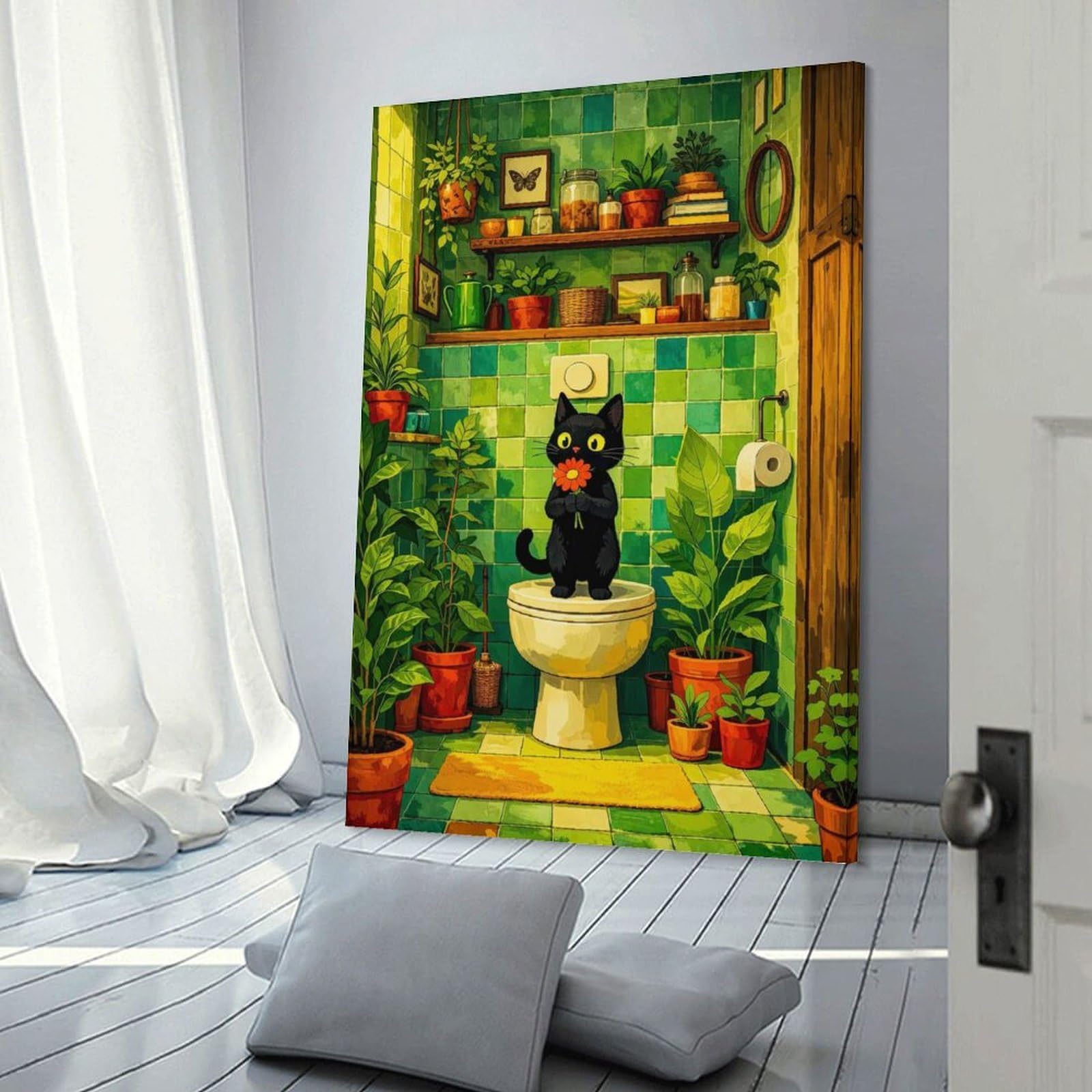 Junmoney Black Cat with Flower in Bathroom Canvas Wall Decor 16x24inch(40x60cm), for Calm Bedrooms, Home Corners Or Flats, A Warm Accent for Relaxed Interiors