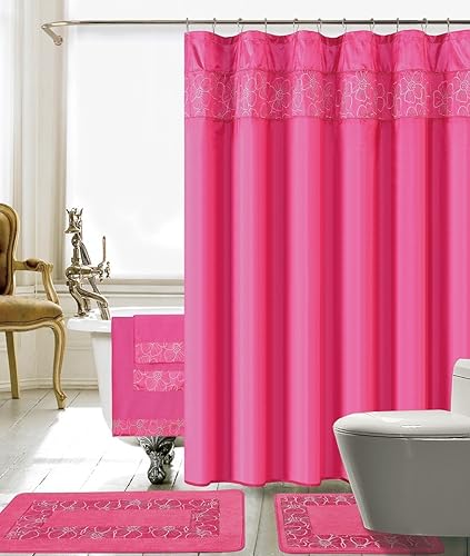 Miniatura 9 de BH Home & Linen Juego de ducha bordada de 18 piezas, 1 alfombrilla de murciélago grande, 1 alfombrilla de contorno, 12 ganchos de ducha de bolas de