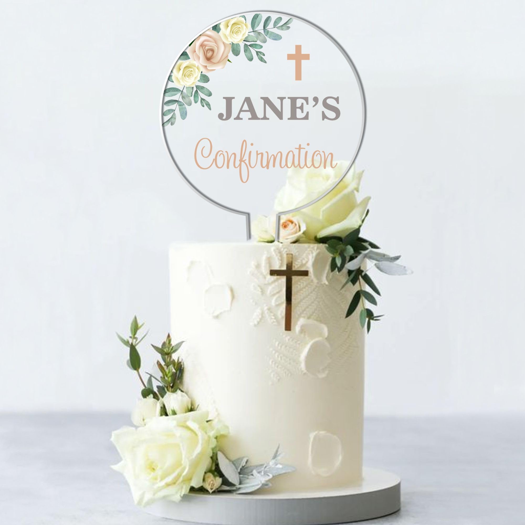 Personalised Religious Cake Topper – Custom Name & Occasion – Christening, Communion or Confirmation – Acrylic Floral Design with Cross – Reusable Printed Cake Decoration (Confirmation, Cream)