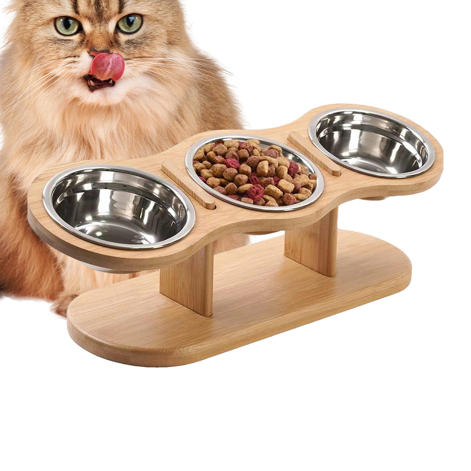 Comederos Elevados Para Gatos Con 3 Cuencos De Acero Inoxidable Soporte de | Cuencos Elevados Para Comida Montaje Fácil, Soporte De Madera