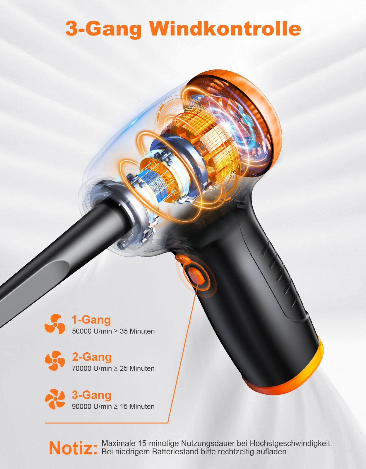 EOIWUY Elektrische Staubgebläse Druckluftspray, 3-Gang 90000 U/min PC Reinigungsset mit LED-Licht, Leistungsanzeige und 5 Austauschbare Düsen, 6000mAh Akku Air Duster für Reinigung Tastatur/Auto/Sofa