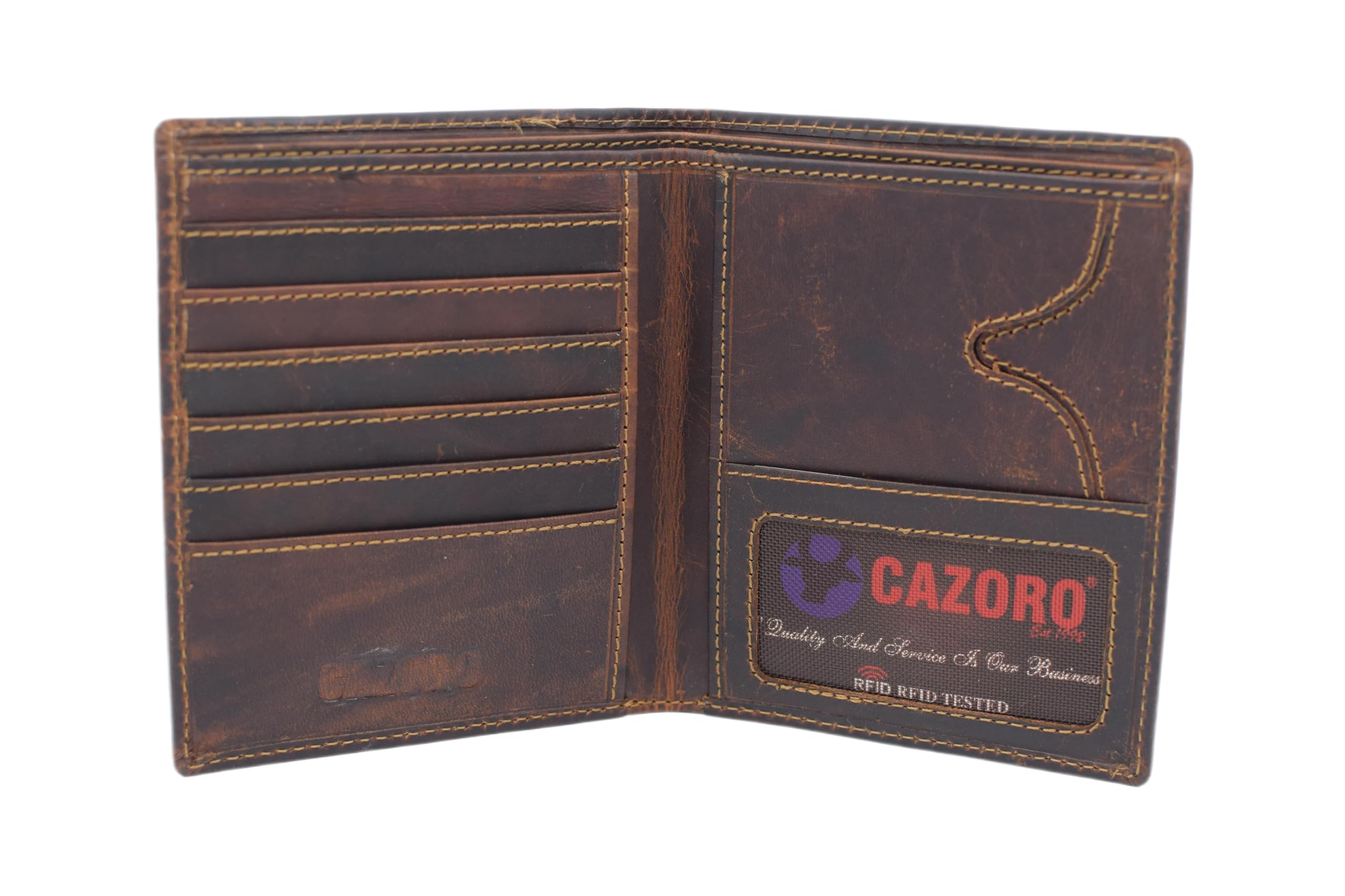 CAZORORFID Blocking Vintage Leather Large Hipster Bifold Credit Card ID Men's Wallet Brown