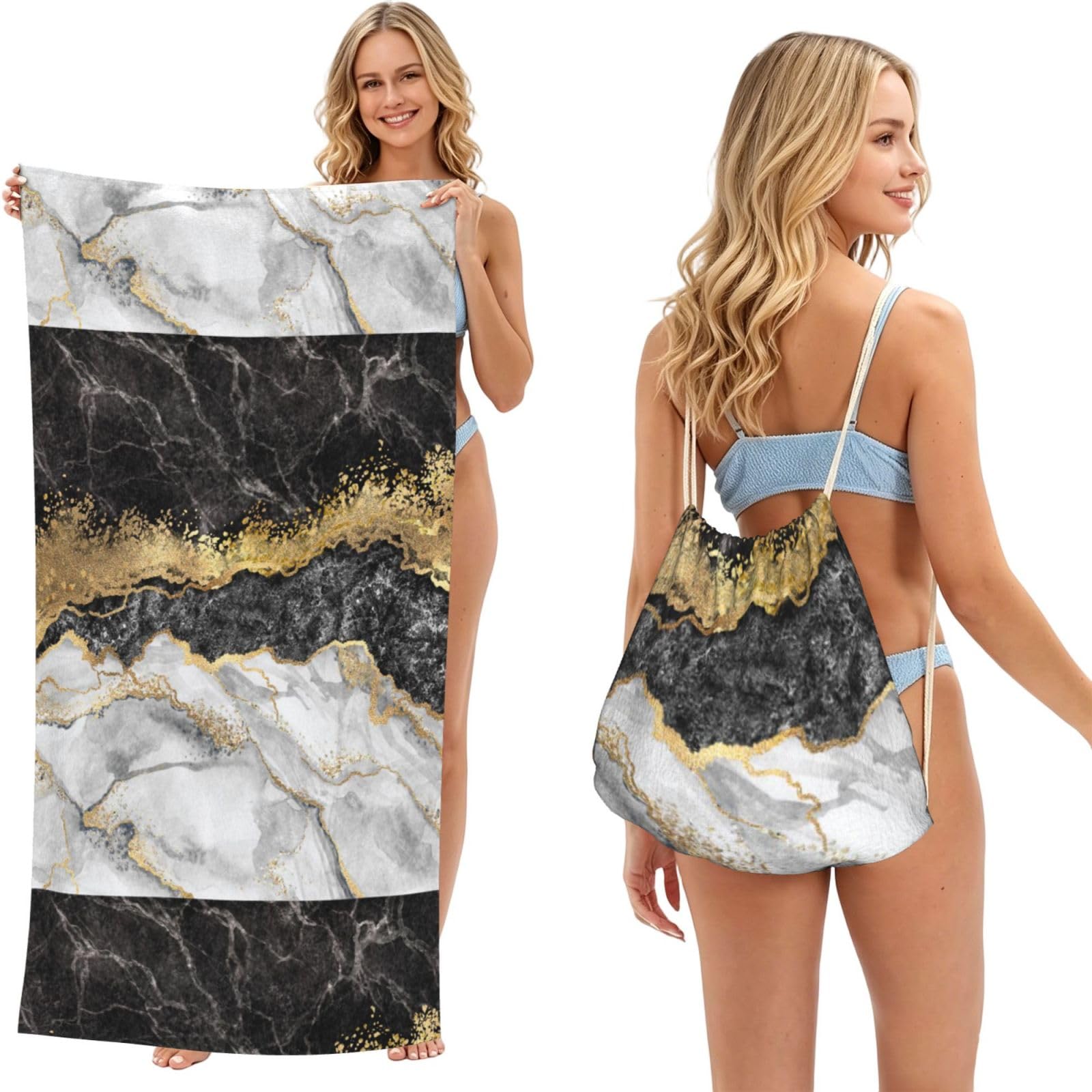 Poadnly As Picture Black White Gold Foil Marble, 2 In 1 Packable Towel Bag, Beach Towels With Drawstring Backpack For Travel Holiday Camping