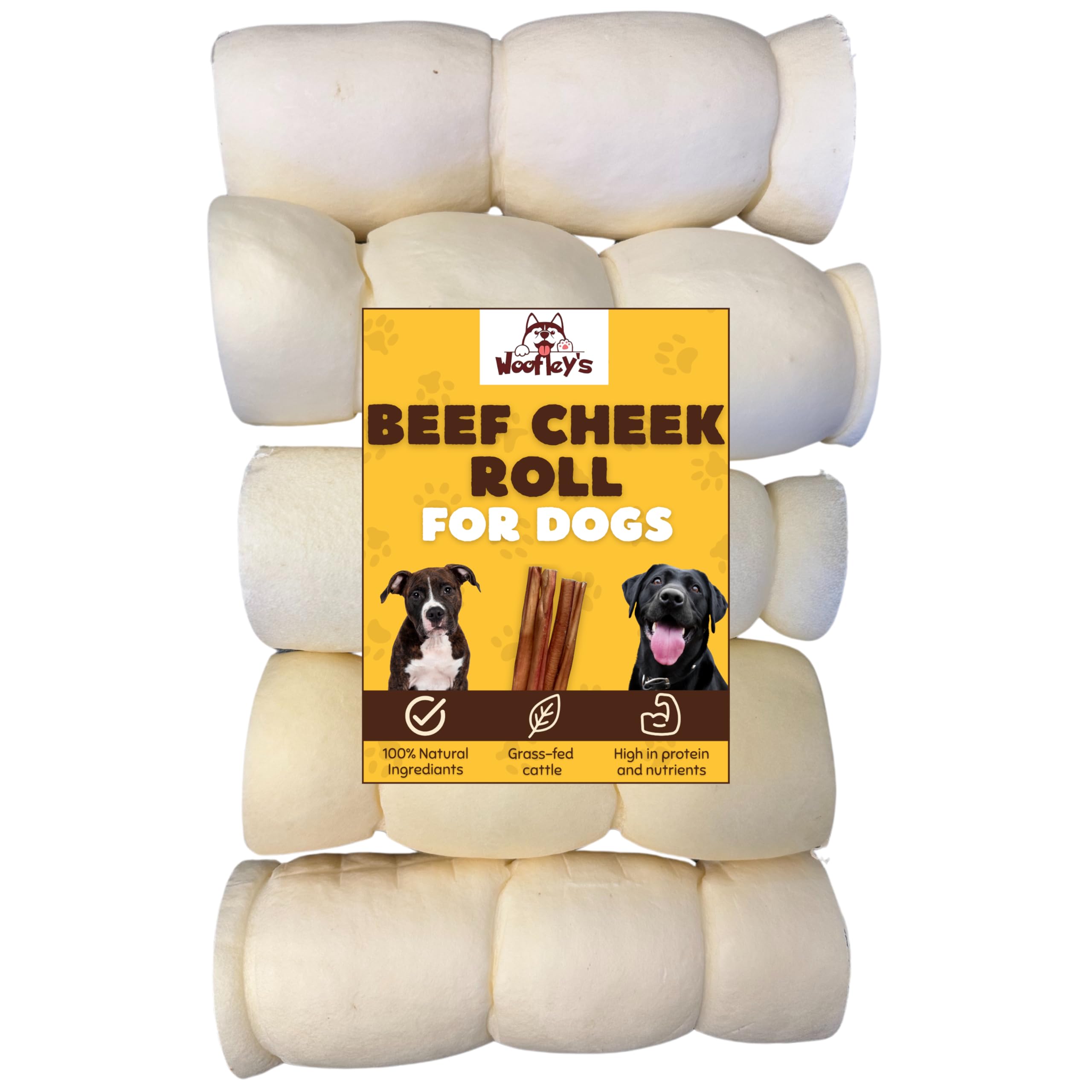 Woofley's 5-6" Buffalo Beef Cheek Roll -(5 Count)- Beef Cheek Rolls for Dogs - Long Lasting Natural Dog Chews